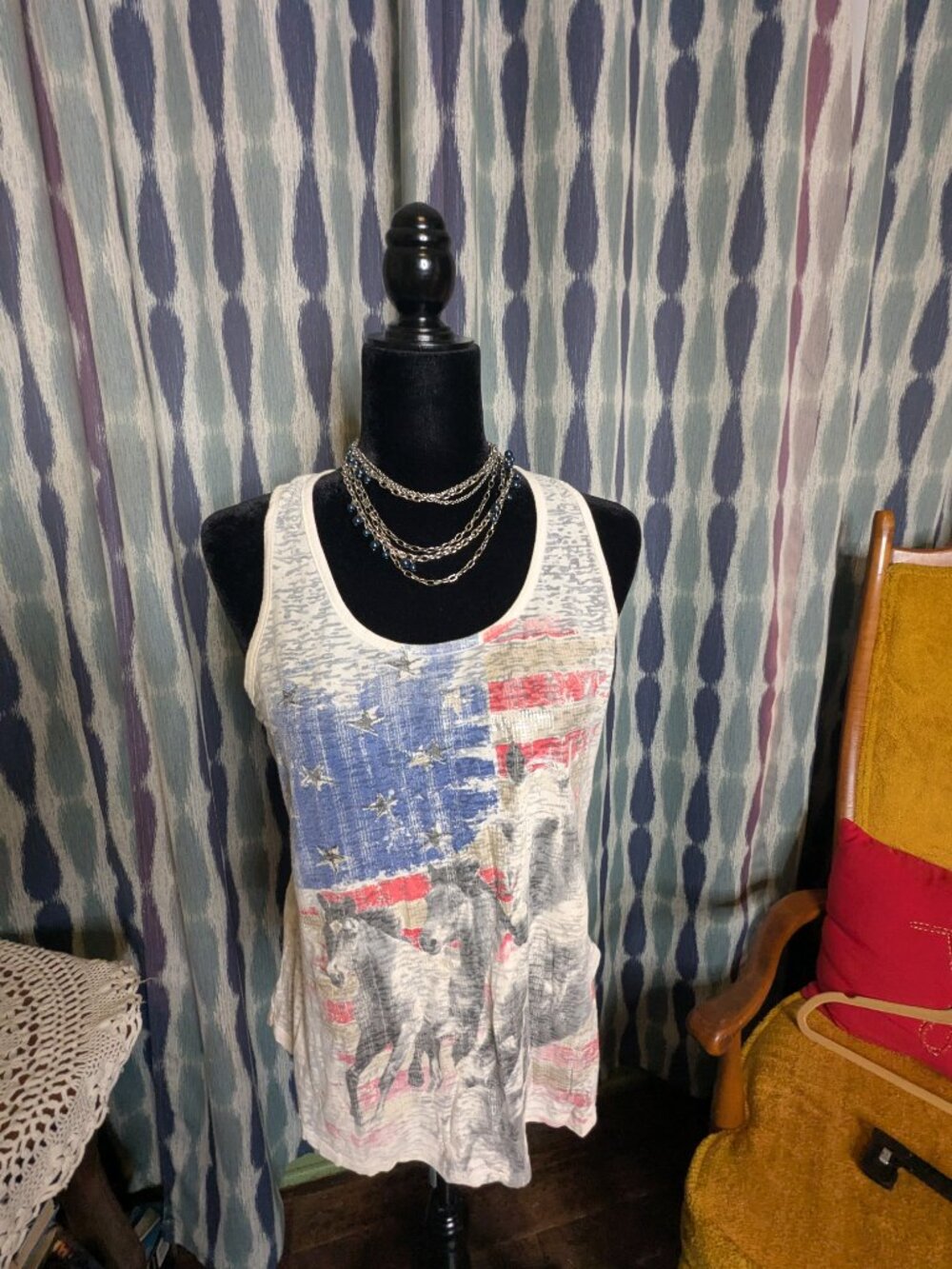 USA Flag Horses Tank Top XL | Patriotic Western Graphic Racerback Style